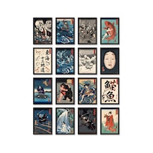 Utagawa Kuniyoshi Tabloları 16'lı Sticker Seti Laptop Defter Ajanda Etiket Çok Renkli