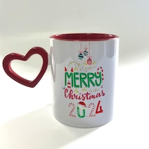 Merry Christmas 2024 Baskılı Boş Kalp Kulplu İçi Kırmızı Yılbaşı Kupası