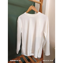 Trendall Beyaz Yırtmaç Detaylı Bisiklet Yaka Uzun Kollu T-shirt