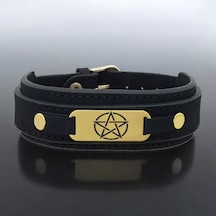 Archin Köşeli Yıldız Temalı 14 Ayar Altın Plakalı Doğal Siyah Derili Oval Motifli Hediye Bileklik-438sembol Beş Köşeli Yıldız