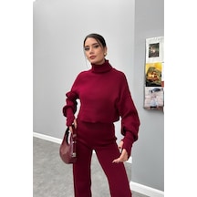 Meecy Balıkçı Yaka Parmak Geçirmeli Alt Üst Triko Takım Bordo Bordo