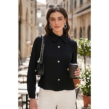 Lela Taşlı Regular Fit Gömlek Yaka Fermuarlı Bayan Bluz 611Bz0493 Siyah