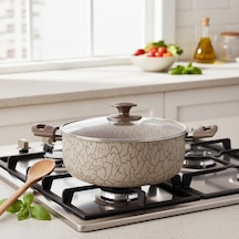 Magma Derin Tencere - 22cm-24cm Seçenekli - İç Dış Beyaz Ve Bronz Detaylı Yanmaz Yapışmaz Cam K Diğer