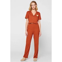 Benerly Kadın Gömlek Yaka Standart Kol Regular Kalıp Fitilli Örme Pijama Tarçın