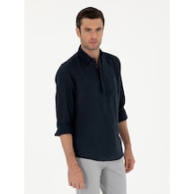 Cacharel Lacivert Slim Fit Yarım Düğmeli %100 Keten Gömlek