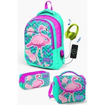 Coral High Kids Su Yeşili Pembe Simli Flamingo Desenli Usb'li 3 Lü Okul Çanta Seti Set0123411 Çok Renkli