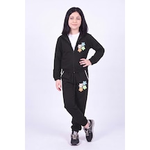 Fyk Kids Kız Çocuk Sweet Heart Baskılı Dik Yaka Çift Cepli Fermuarlı Eşofman Takımı Siyah
