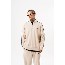 Respire Erkek Pis Dikiş Detaylı Yarım Fermuarlı Diagonel Sweatshirt Bej