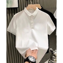 Erkek Polo Yaka Tişört Düğmeli Pike Düz T-shirt - Beyaz