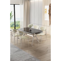 Canisa Olya Serisi 90x168 Lak Panel Sonata Masa Takımı Krom Ayaklı 4 Krem Sandalye Sonata Masa Krem Sandalye