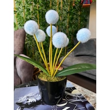 Yapay Çiçek Mavi Pompon Siyah Saksıda Dekoratif Yapay Çiçek 30 20cm