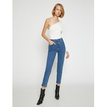 Koton Yüksek Bel Kot Pantolon Yüksek Bel Hafif Dar Paça - Mom Slim Jean Koyu İndigo 3sal40030md 3SAL40030MDDRK Koyu İndigo