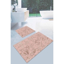 Pembe Mermer Görünümlü Banyo Halısı Klozet Paspas Seti Bs022n11