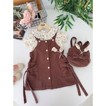 Miniğimin Cicileri Vintage Gül Detaylı Salopet Elbiseli Çantalı Kız Çocuk 3 Lü Takım - Acı Kahve Acı Kahve