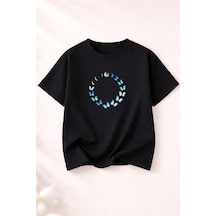 Herkesemoda Kelebek Döngüsü Baskı Detaylı Kadın Bisiklet Yaka Pamuklu T-shirt Siyah