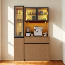 Nordıc Wood Led Li Kahve Köşesi Ünitesi Sol Vitrinli Füme Cam Komple Mdf Modern Mutfak Dolabı Kahverengi