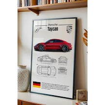 Porsche Taycan Tablo - Teknik Özellikli Elektrikli Spor Araba Poster - Çerçeveli Duvar Dekoru Siyah