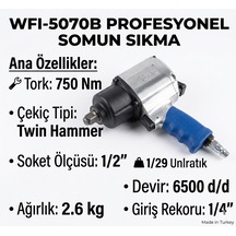 Wfı-5070b Ultra Güçlü Profesyonel Havalı Somun Sıkma Tabancası - 750 Nm 1/2" Twin Hammer