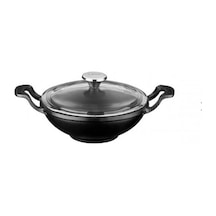 LAVA DÖKÜM WOK TAVA METAL KULPLU CAM KAPAKLI ÇAP(Ø)16CM. SİYAH