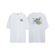 Thewert Unisex Mavi Ve Sarı Akustik Davul Ön Arka Baskılı Beyaz Oversize T-shirt