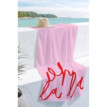 Pembe Yazı Detaylı Plaj Havlusu - Minimalist Pastel Kırmızı Oh La La Hızlı Kuruyan Mikrofiber Havlu Sedef Bahçe