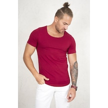 Deepsea Erkek Bordo Geniş Yaka Likralı Tişört Oval Yaka Slim Fit Eteği Oval Açık Yaka T-shirt 1801199 Bordo