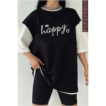 Siyah Oversize Çift Renk Happy Baskılı Unisex Tshirt Beyaz