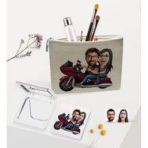 Bk Gift Kişiye Özel Sevgililer Karikatürlü Keten Makyaj Çantası Ve Ayna Seti, Sevgiliye Hediye, Sevgililer Günü Hediyesi, Doğum Günü Hediyesi-1