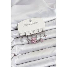 316l Çelik Gümüş Renk Pembe Zirkon Taşlı Lotus Detaylı Kadın Küpe Seti Tj-bkp11887 Çok Renkli