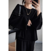 Oversize Kesim Bisiklet Yaka Uzun Kollu Sweatshirt Siyah