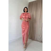 Pudra Büzgülü Saten Elbise Pudra