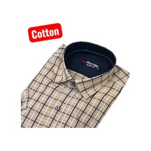 Slim Fit Ekose Pamuklu Kısa Kollu Cepsiz Gömlek Slim Fit Kalıp Bej