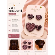 3'lü Set Kalp Tasarımlı Işıltılı Taşlı Klips Saç Tokası - 5 Farklı Seçenek Çok Renkli