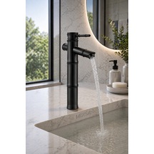 Lüx Premium Siyah Bambu Çanak Lavabo Bataryası Eskitme Hissiyatlı Uyumlu Mat Siyah Musluk