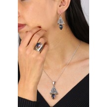 Mistik Topaz Taşlı Otantik Kadın Gümüş Üçlü Set