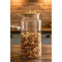 1400 Ml Borosilikat Cam Kavanoz - Altın Geyikli Figür Bambu Kapaklı Lüks Saklama Kabı 12 Izgara