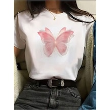 Medinenur Pembe Kelebek Detaylı Basic T-shirt Beyaz