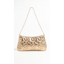 Esvelans Yıldız Desenli Zincir Askılı Portföy El Kol Ve Omuz Çantası Astarlı Clutch Çanta Altın Gold