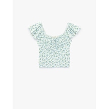 Koton Çiçek Desenli U Yaka Kısa Kollu Crop Bluz Mavi Desenli 6sal60046ık