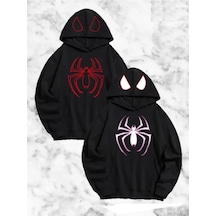 Efnaz Style Sevgili Çift Kombini Örümcek Baskılı Kapüşonlu Sweatshirt Hoodie - Siyah