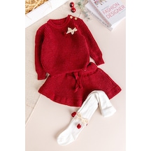 Babymod Triko Yumuşak Dokulu Kız Bebek Kazak Etek Çorap Takım Set Kırmızı
