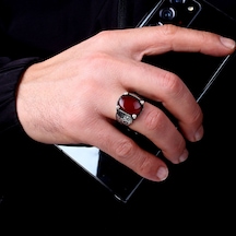 Bordo Akik Taşlı Kalem İşleme Model 925 Ayar Gümüş Erkek Yüzük