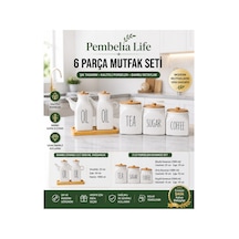 6 Parça Bambu Standlı Kare Porselen 1000ml Yağdanlık Ve 3 Lü Tea Sugar Coffe Kavanoz Seti Beyaz Beyaz