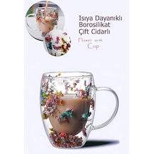 Isıya Dayanıklı Borosilikat Çift Çidarlı Çiçekli Bardak Çiçekli Kahve Sunum Bardağı 350 Ml