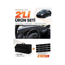 Dacia Logan 2009-2012 Uyumlu Torpido Örtüsü + Tay Tüyü Bagaj Çantası + Sticker Seti - Siyah