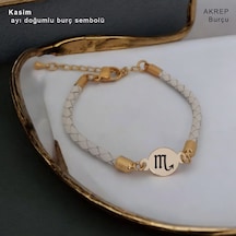 Oval Motifli Hakiki Derili 14 Ayar Altın Plakalı Bayanlara Kasım Ayına Özel Bileklik-314ay-beyaz Altın