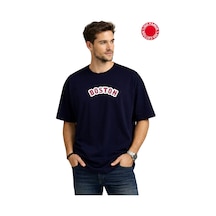 Boston Kırmızı Baskılı Lacivert Oversize Tişört - %100 Pamuk Lacivert