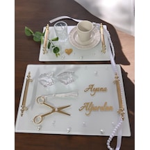 Bonding Gold Beyaz İncili Söz Tepsisi Nişan Tepsisi Ve Damat Kahve Fincan Tepsisi Beyaz Beyaz
