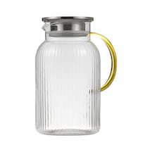 Qerhome Borosilikat Cam Çizgili Sürahi Gold Saplı Metal Kapaklı 1500 Ml