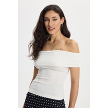 Tudors Kadın Slim Fit Dar Kesim Pamuklu Kayık Yaka Kısa Kollu Likralı Beyaz Bluz-50357